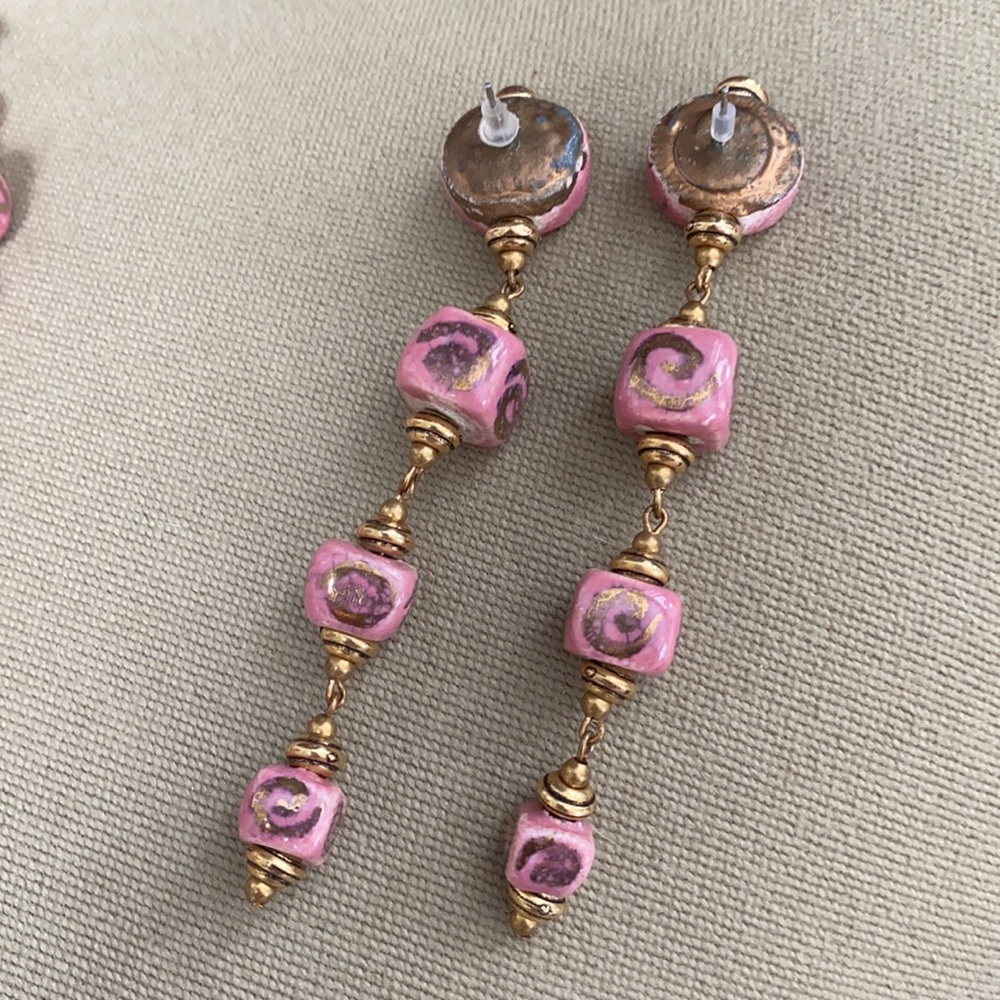 Vintage set pink glass earrings brooch bracelet - Picture 3 of 8
